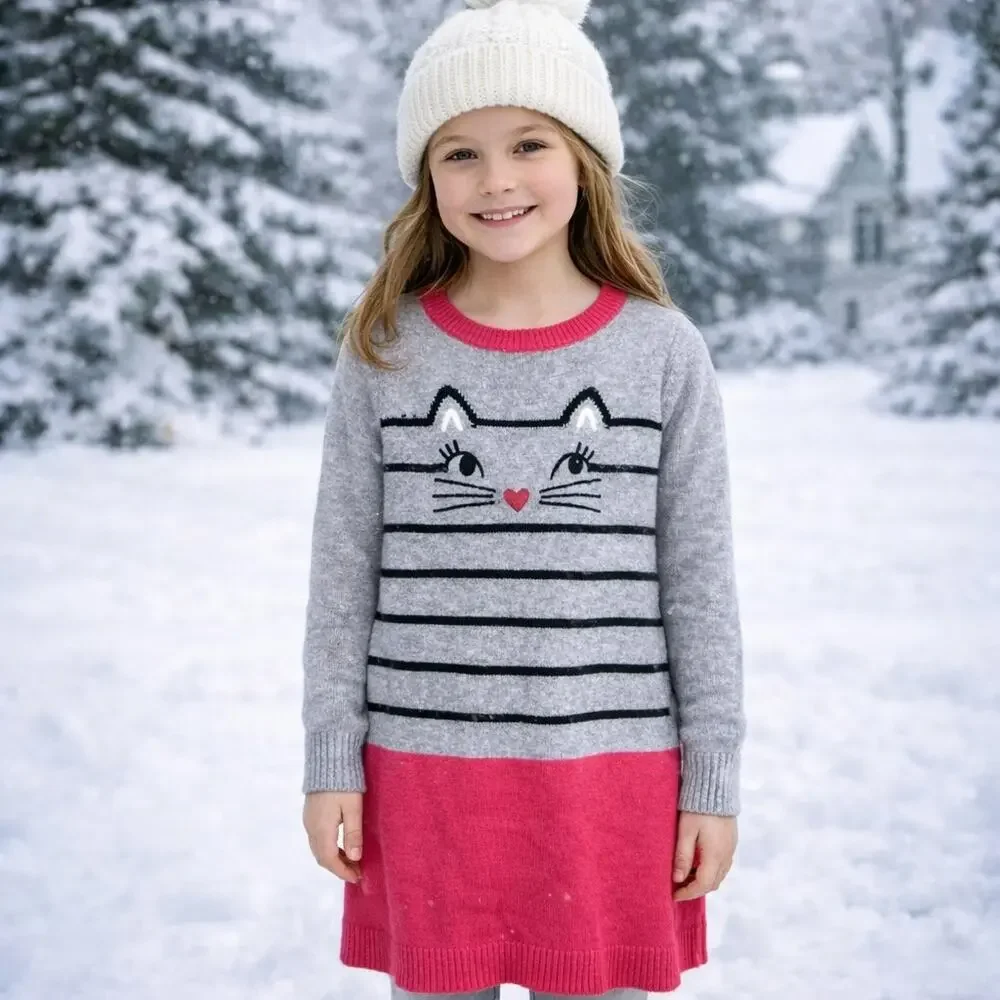 Gymboree Gray Coral Cat Embroidered Sweater Dress NWT 8